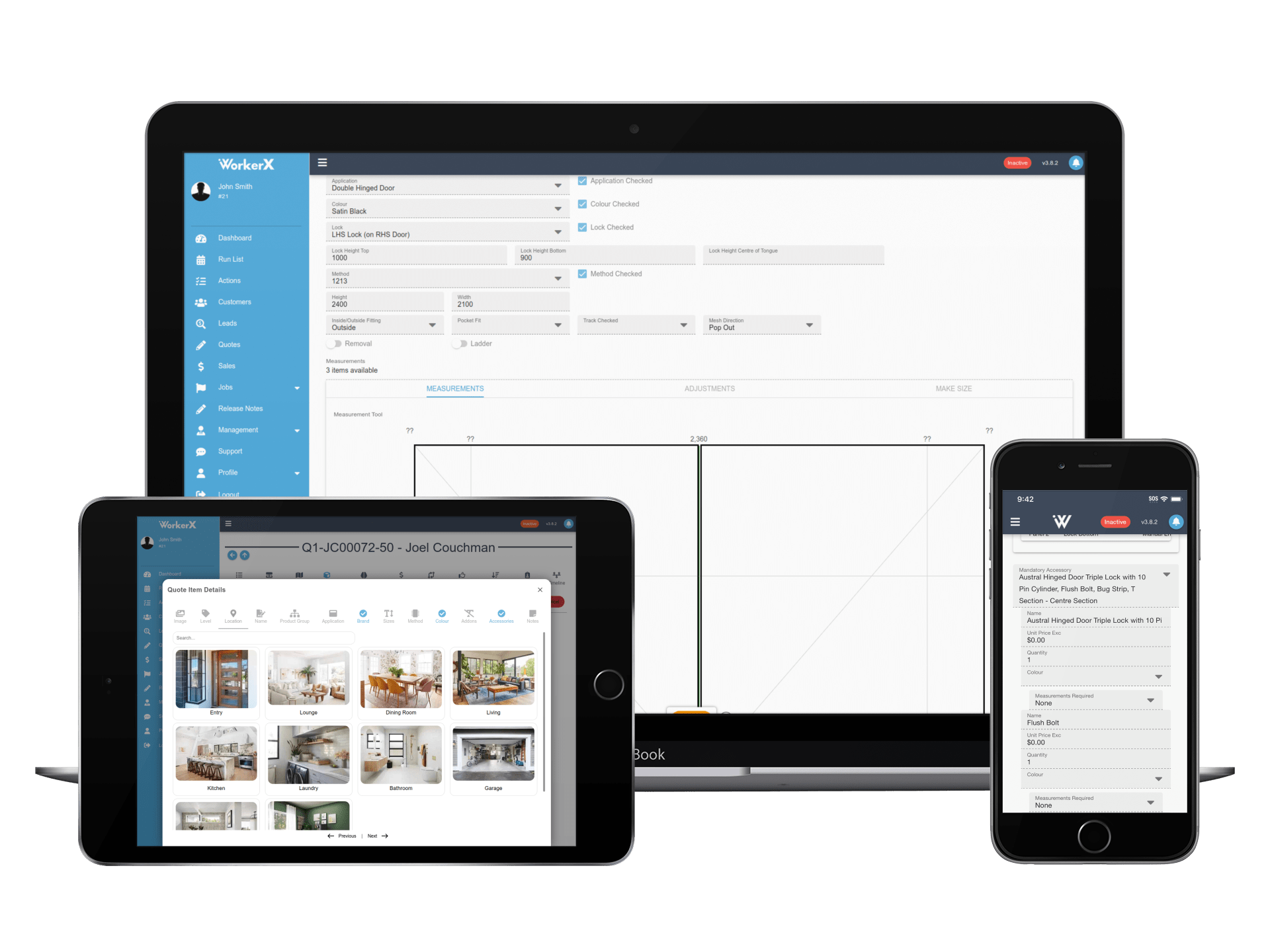 WorkerX running on a laptop, tablet and phone